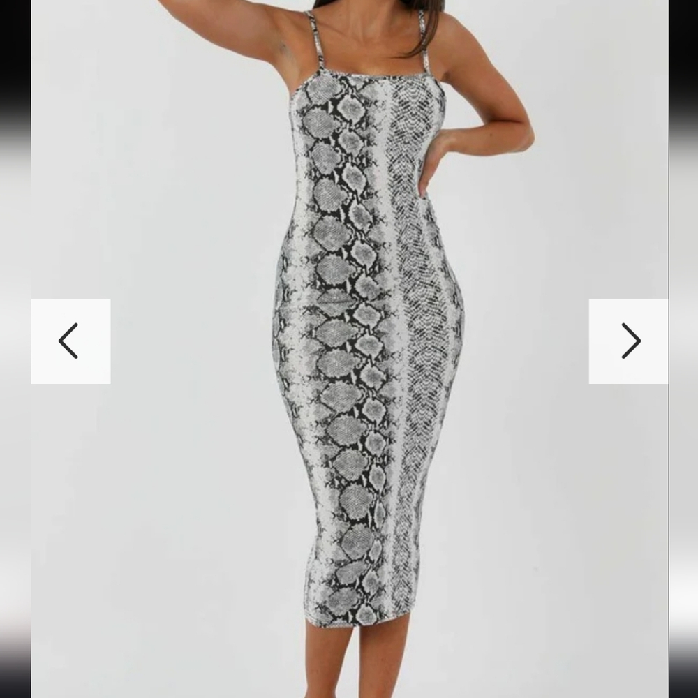 Boohoo Monochrome Black White Snakeskin Print Midi Dress US 6 Spaghetti Strap